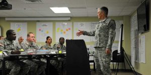 Gen. George W. Casey, speaks with Master Resilience Training School students during a recent visit to Fort Jackson, S.C. U.S. Army photo by Susanne Kappler.